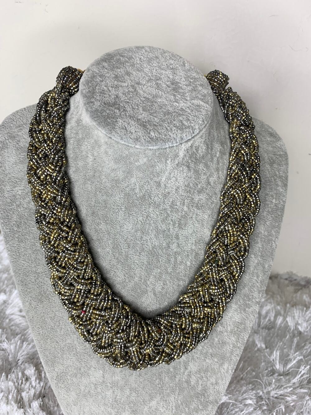 Braided Wide Seed Bead Braided Statement Necklace 20" x 1.5" tapered